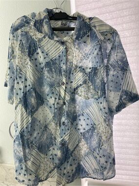 Tropical Blue Patchwork-Print Short Sleeve Button